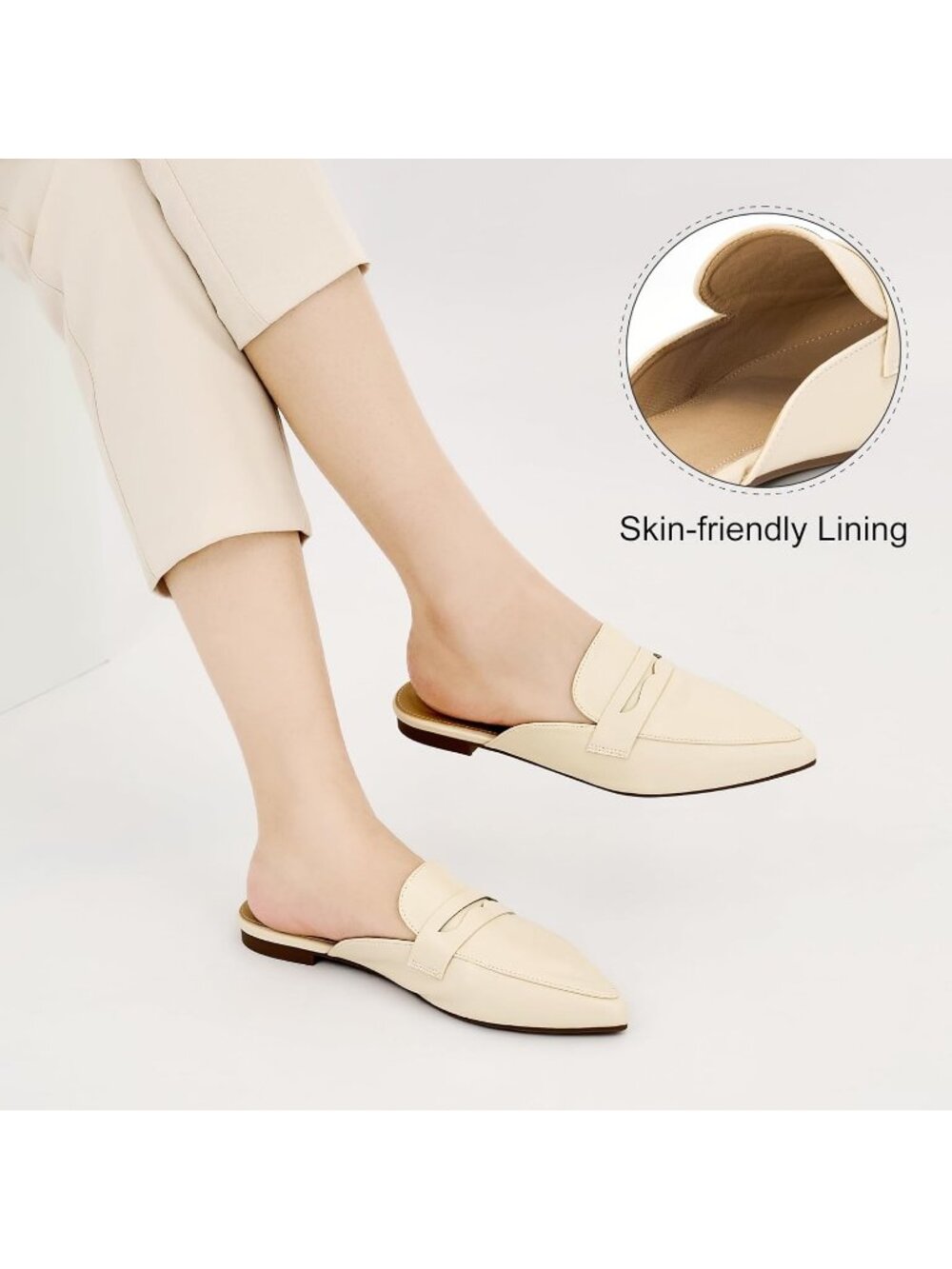 Women's Mules Light Beige Slingback Flats Pointed Toe Backless Loafers Shoes - Picture 5 of 6